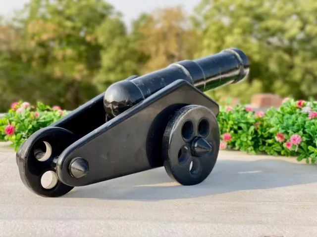 gemsindia Hand Carved Black Agate Carved Cannon with wheel play all stone joints