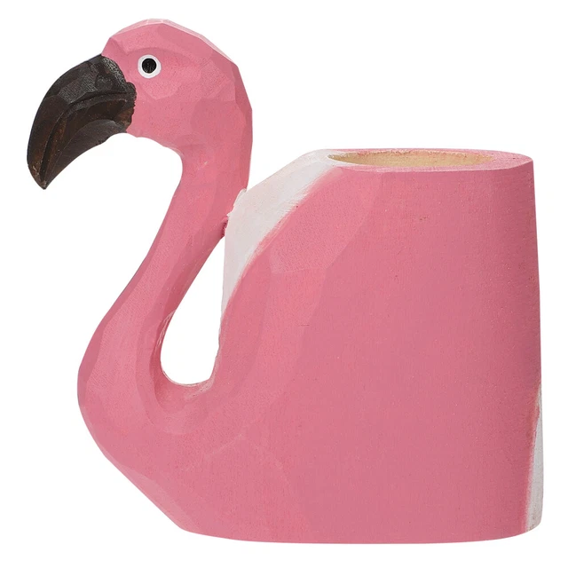 WOOD CARVING PEN Holder Animal Desktop Statue Pencil Flamingo £11.98