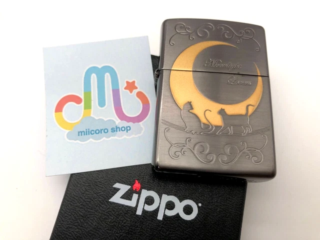 Zippo Oil Lighter Rose Moon Cat Black Gold Brass Regular Case Etching Japan