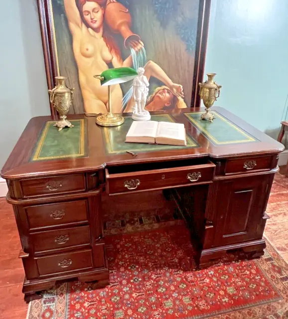 Regency Style Solid Mahogany Partners Desk With Ornate Reeded Column Pedestals