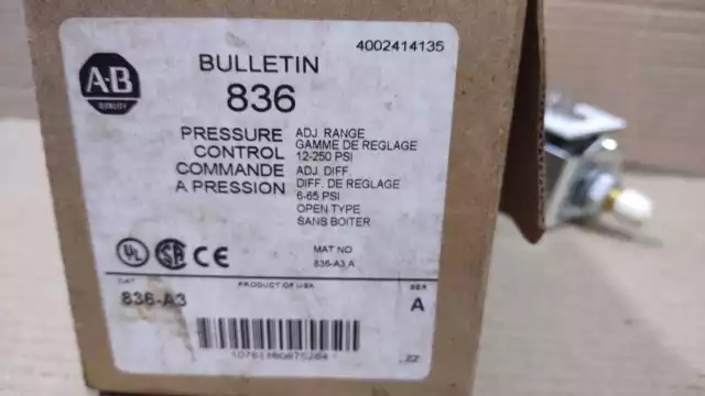 Allen Bradley 836-A3 Ser A Pressure Control Switch 836A3 Adj Range 12-250PSI