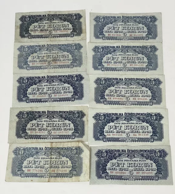 10 banknotes CZECHOSLOVAKIA 1944 5 Korun - Antique Vintage