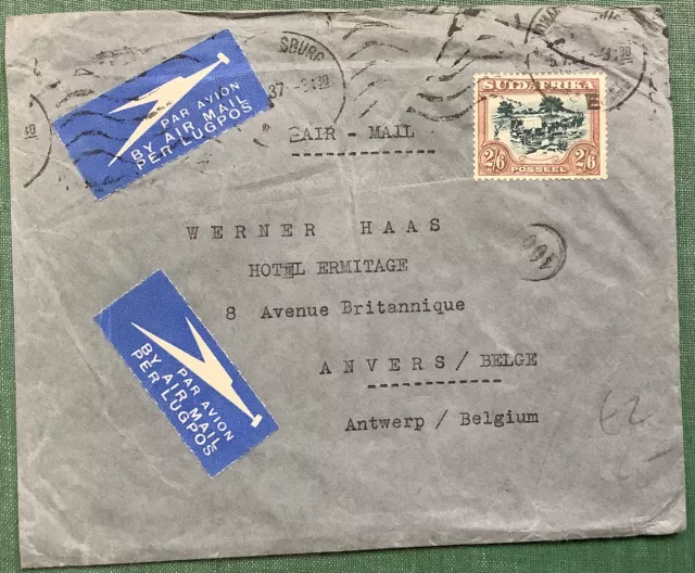 South Africa 1937 Air Mail Cover Johannesburg To Haas Hotel Ermitage Antwerp