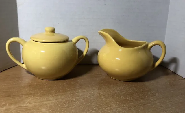 Vintage Bauer Pottery Ring Ware Midget, Mini Yellow, Creamer & Sugar Set