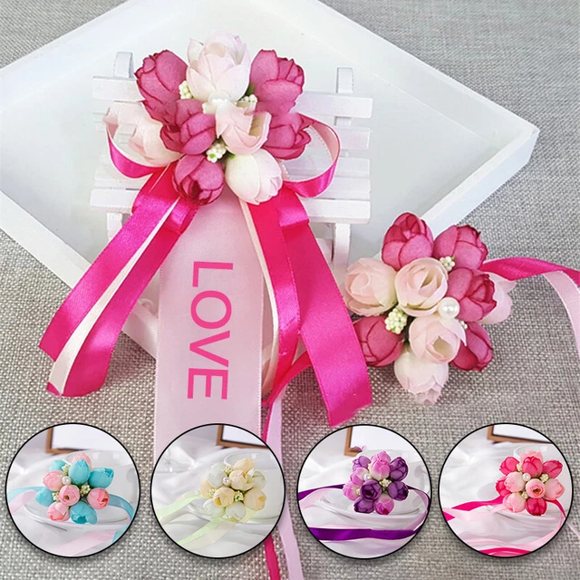 1/6X Bride Bridesmaid Silk Wrist Flower Rose Boutonniere Corsage Wedding Decor