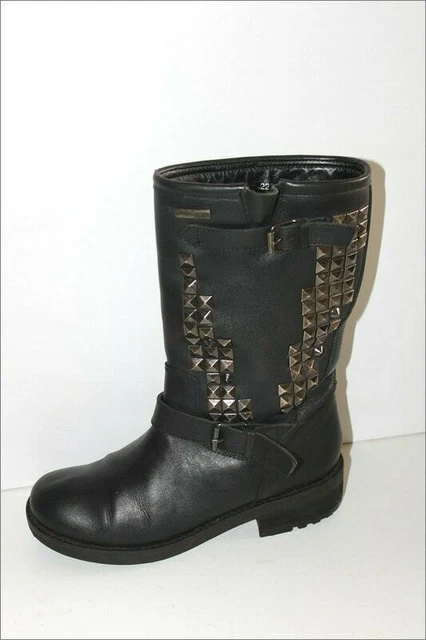 LES TROPEZIENNES  Mi Bottes Fourrées  Biker Cuir Clouté Noir T 37 TBE
