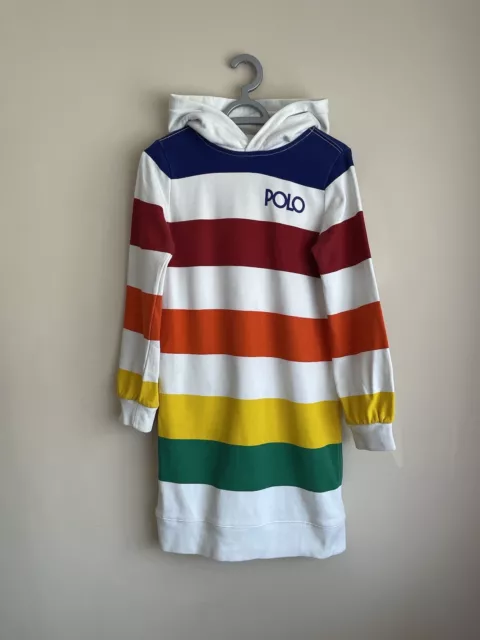 POLO RALPH LAUREN Girls Fleece Hoodie Jumper Striped Warm Dress, XL, 12-14 years