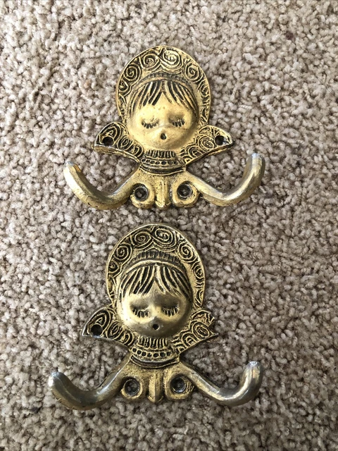 2 1968 American Tack & HDW Girl Double Hooks Brass GoldTone Wall Hanger VINTAGE