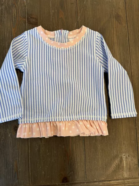 RUFFLE BUTTS Girl’s Blue Pink Stripe Seersucker Long Sleeve Rash Guard 12-18 Mos