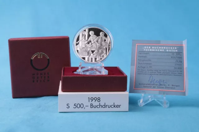 Österreich 500 Schilling 1998 Buchdrucker Silber PP / proof