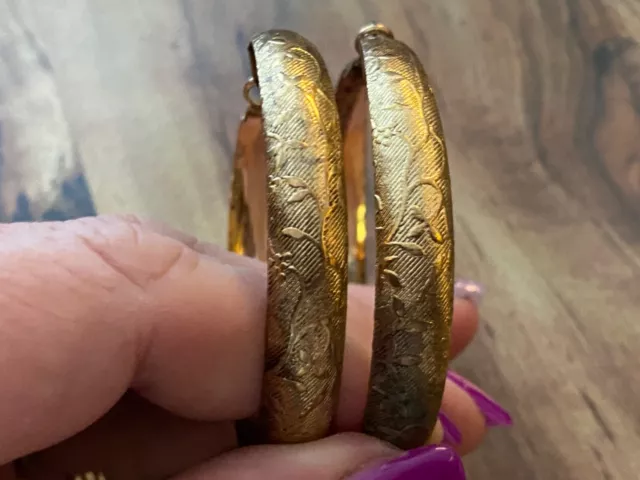 Vintage Gold Tone Embossed Pierced Post Earrings 2 1/4"