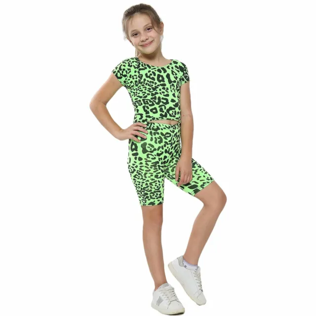 Kids Girls Crop Top & Cycling Short Green Leopard Print Summer Outfit Set 5-13 Y