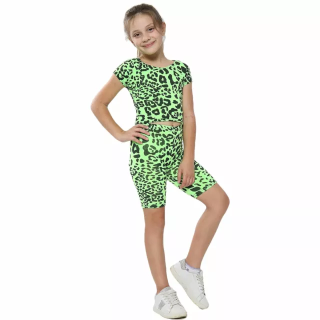 Set outfit estivo per bambini crop top & ciclismo corto stampa leopardata verde 5-13 Y