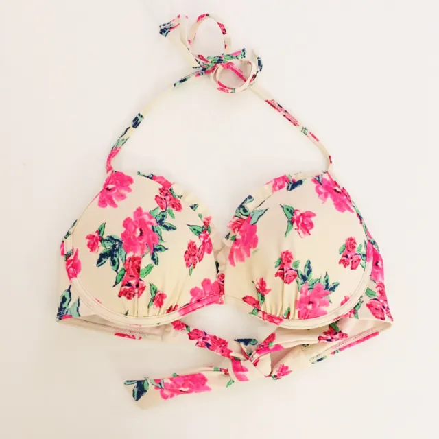 L.A. Hearts Floral Ruffle Push Up Bikini Top Large Pink Cream Underwire