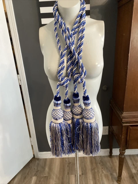 Set Of Large Silver & Blue Window Curtain Drapery Tassel Rope Tie Back Holdback
