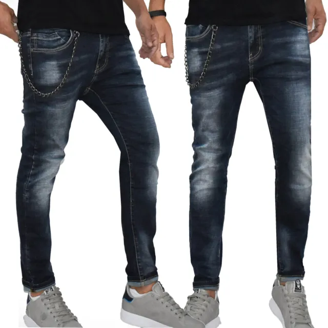 Jeans uomo slim Fit elasticizzato Pantalone Denim Mod Capri Casual Blu Sfumato