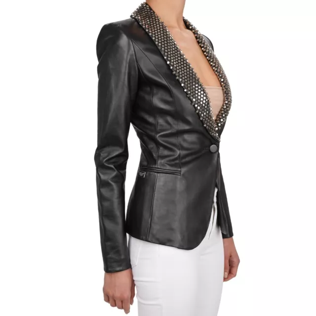 PHILIPP PLEIN COUTURE Metal Studs Leather Jacket Blazer Black Silver 13164