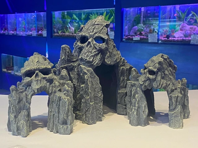 Set of 3 Skull Grey Rocky Caves Spooky Face Aquarium Fish Tank Ornaments SK4&9