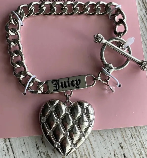 Juicy couture Bracelet heart charm Logo silver tone Crown Toggle Bling