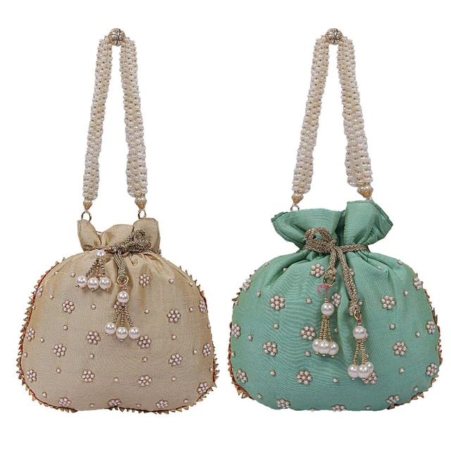 Tradicional Raro Hecho a Mano Seda 2 Piezas Mujeres Potli Bolsa Verde Y Oro