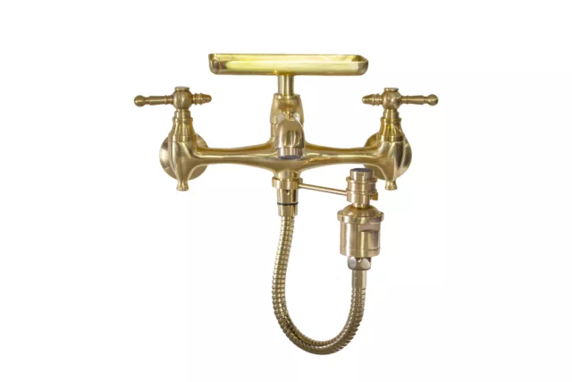 Unlacquered Brass 8" Wall Mount Kitchen Sink Faucet with Sprayer & Soap Dish