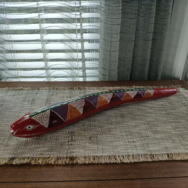 Vintage South American Folk Art Hand Painted Gourd Snake Eel Rattle 24"