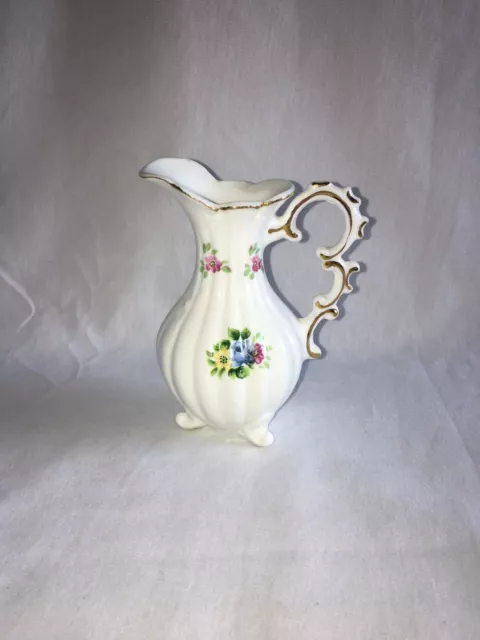 Vintage miniature creamer pitcher vase rose flowers gold scalloped decorative