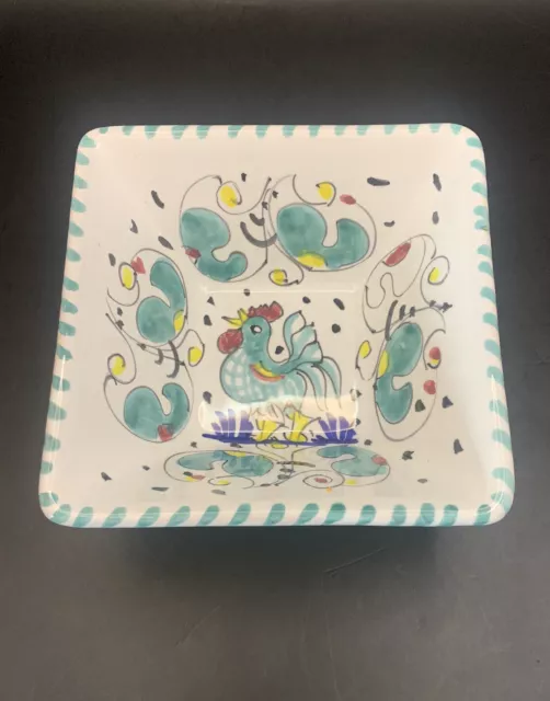 Deruta Italian Pottery Ceramiche Sambuco Green Rooster Square Dipping Bowl Italy