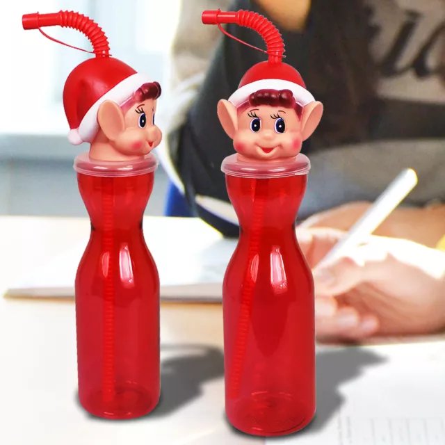 Christmas Drinking Bottle Kids Toy Novelty Santa Claus Naughty Elf Snowman  Straw