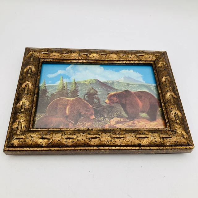 Bronze Gold Tone Frame Framed Picture VTG Postcard Bears in Forest Cluttercore