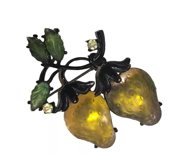 Vintage Austrian Molded Glass Golden Strawberries w/Leaves Brooch Japanned Back 3