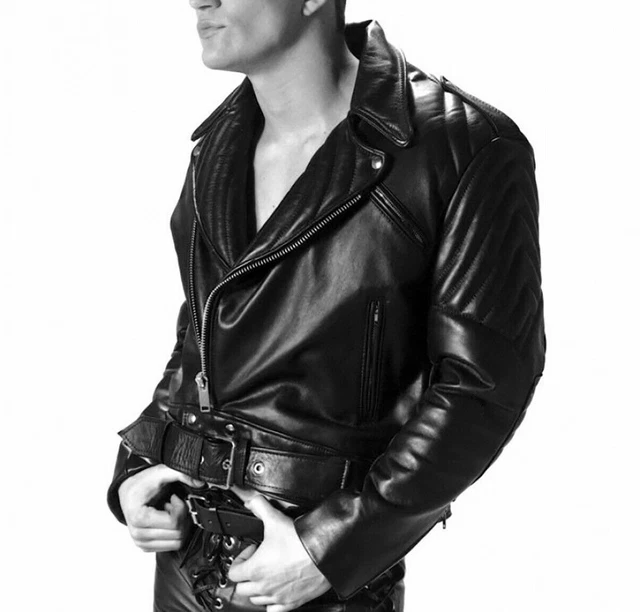 Men's Real Lamb Leather Bikers Jacket Quilted / Padded Panels Bikers Jacket