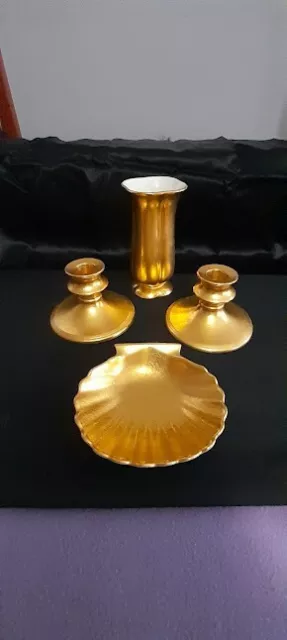 Vintage Pickard China Lot of 4 Gold Etched Candle Holders & Vase & Shell Dish