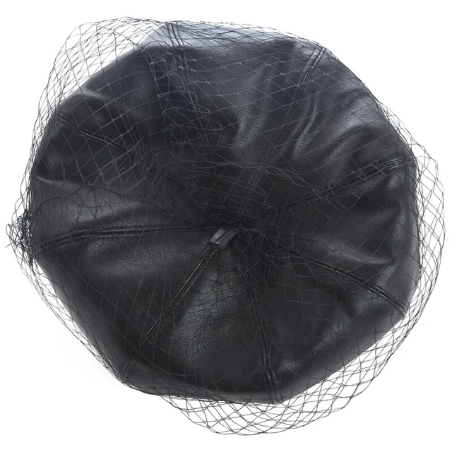Affascinante cappello nero chic in pelle berretto francese con maglia strato spettacolo donna T4R1