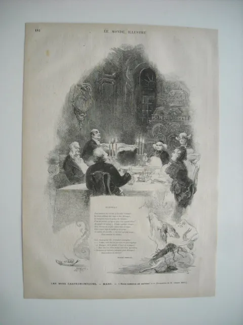 Gravure 1877. Les Mois Gastronomiques. Mars. Composition De M. Edmond Morin.