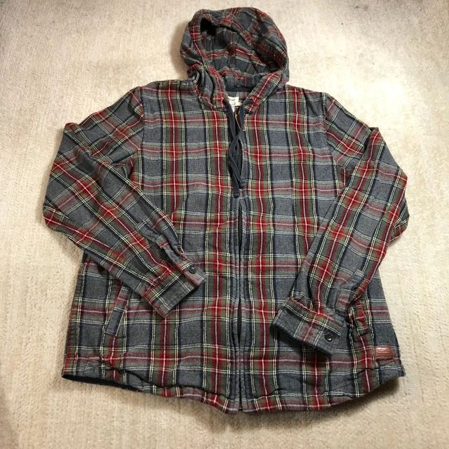LL Bean Shirt Womens Small Gray Scotch Plaid Flannel Full Zip Hoodie Hooded