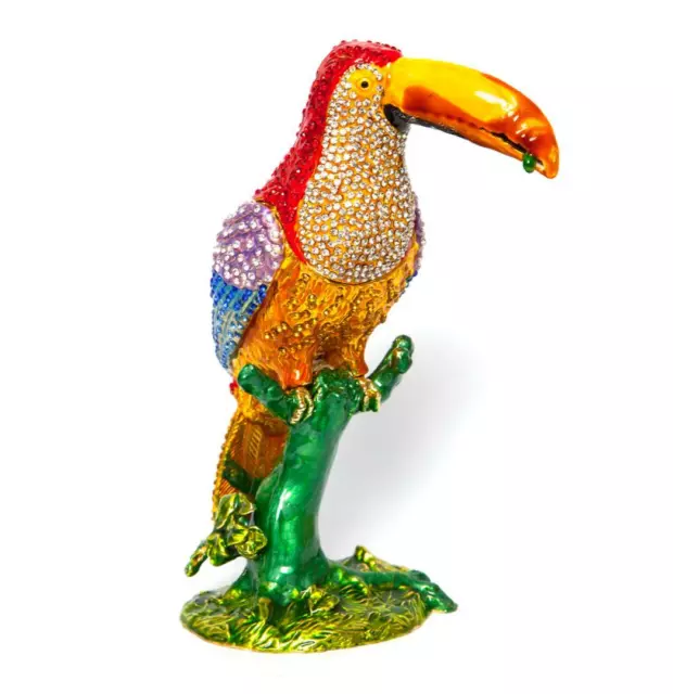 Faberge Enameled Parrot Figurine, 24K Gold Jewelry Box w/ Swarovski Crystals