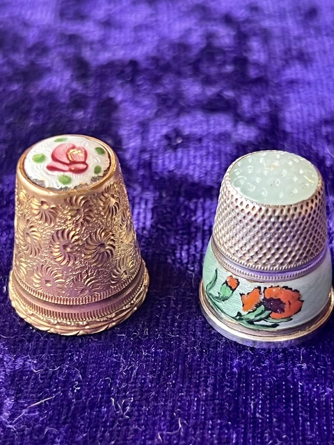 Antique~Germany~Thimbles~1.Enameled Poppies~Sterling~SZ7~2.Gold Colored Enameled