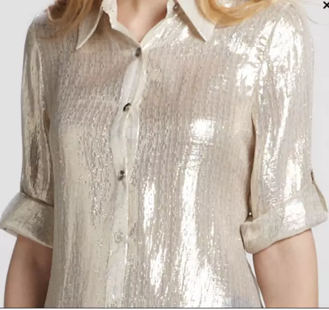 Alice Olivia Gold Silk Button Up Blouse Roll Tab Sleeves Womens Metallic Medium