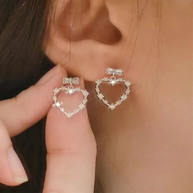 925 Silver Plated Heart Shape Drop Earring Gift Charm Women Cubic Zircon Jewelry