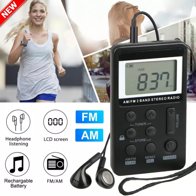 FM/AM Mini Radio Pocket Receiver Portable Digital LCD Stereo Earphone Set USB AU