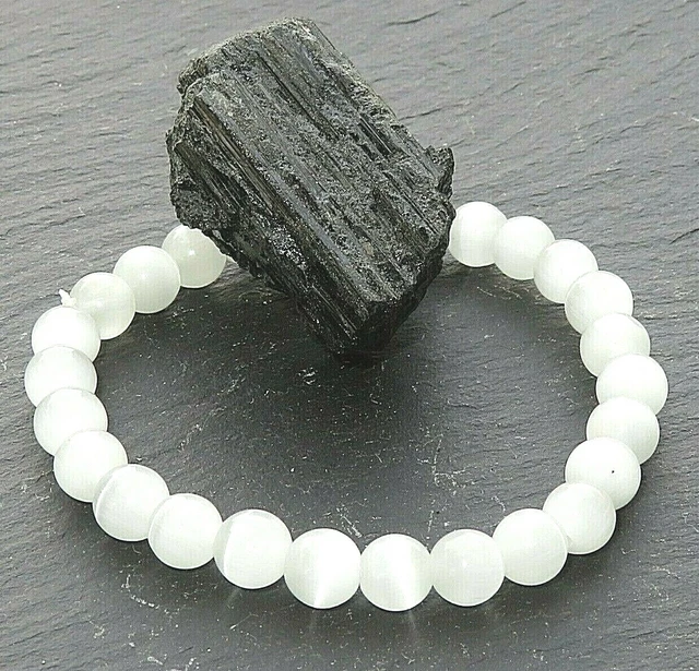Reiki Healing Crystal Selenite Bracelet Gemstone 8mm Beads + Tourmaline chunk