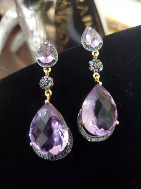 HIRAJULE HUGE Pink Amethyst & Black Diamonds Drop Earrings 14K + .925 11g NIB