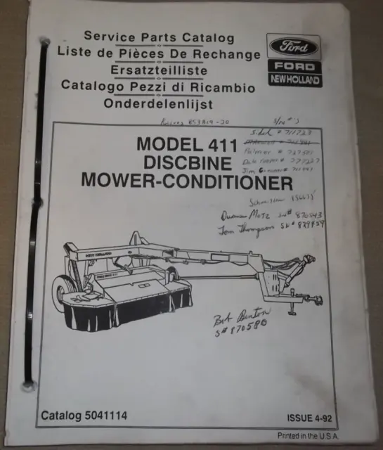 New Holland 411 Discbine Mower Conditioner Parts Manual Book Catalog