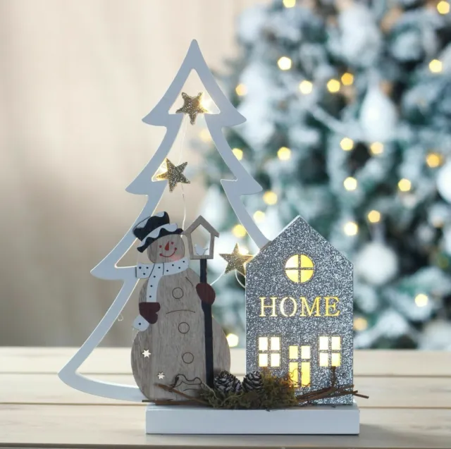 Christmas Snowman LED Decoration Wooden Light Up Ornament Frosty Xmas Decor