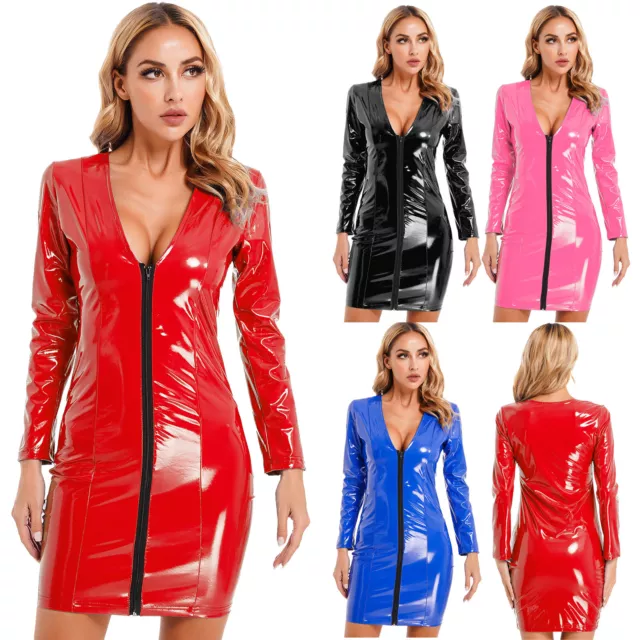 Damen Glänzend Party Kleid Wet Look Lack Leder Langarm Bodycon Kleider Clubwear