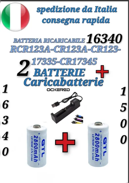 BATTERIA RICARICABILE CR123A 16340 AL LITIO 2800MAH 3.7V PILA + caricabatterie 1