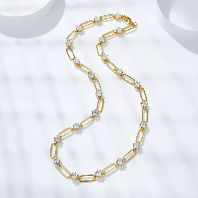 Moissanite 925 Silver Paperclip Chain Bracelet Necklace 18K Yellow Gold Plated