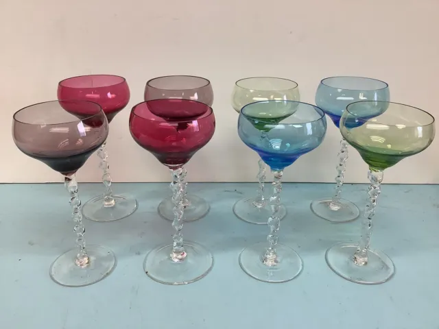 Set of 8 Hand Blown Stemware Glasses 4 Colors 6” Tall