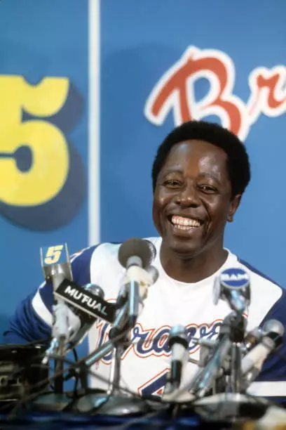 Atlanta Braves Hank Aaron during press conference after hitting re - Old Photo
